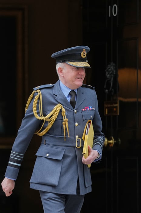 Air Chief Marshal Richard Knighton, chief of the defence staff, leaving No 10 this morning after a meeting with Keir Starmer and Dan Jarvis, the new defence secretary.