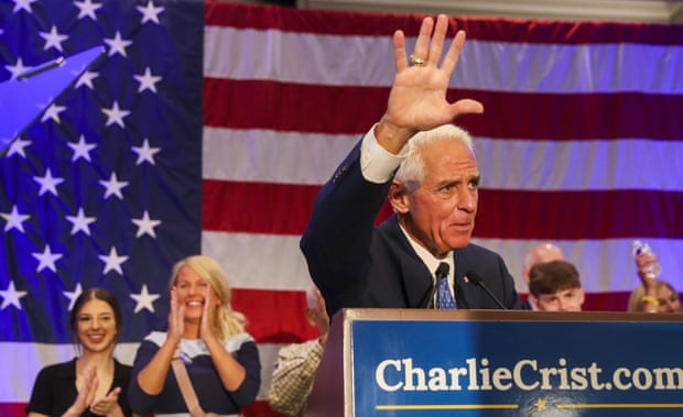 Congressman Charlie Crist addresses supporters after he is announced the winner of his primary at his watch party in St Petersburg, Florida, on Tuesday.