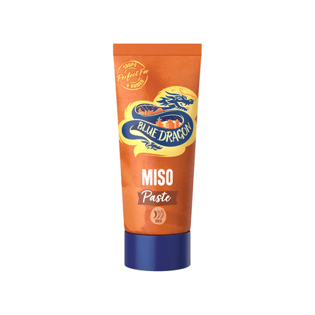 An orange tube with a blue dragon logo and blue cap, labelled miso paste