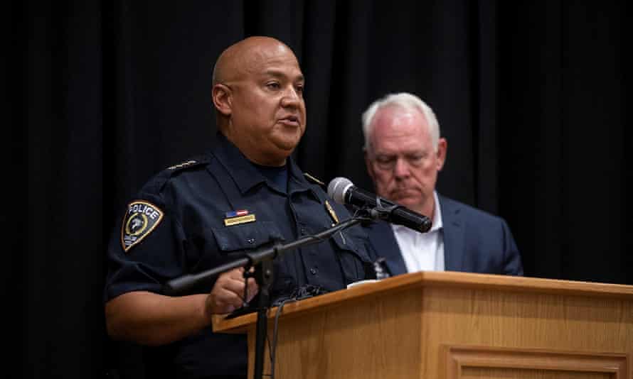 Uvalde Police Chief Pete Arredondo speaks at a news conference.