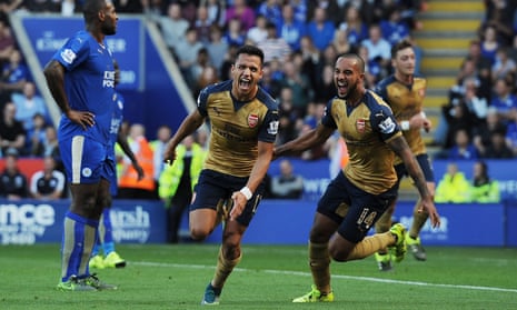 Alexis Sánchez celebrates scoring his first of the season with Theo Walcott as Arsenal found their goalscoring form at Leicester.