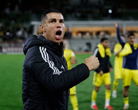 Cristiano Ronaldo celebrates after Al-Nassr's match at King Abdullah Sport City Stadium