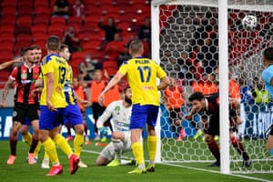 Budapest Honved score their second goal during their 2-1 defeat of undedogs Mezokovesd.