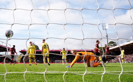 A view from behind the goal of Marcus Tavernier putting Bournemouth 2-1 up
