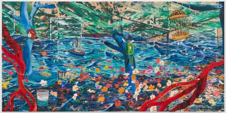 Angel Otero, The Room that Learned to Breathe, 2026 (oil paint and fabric collaged on canvas, 241.5 x 483.5 x 4 cm).