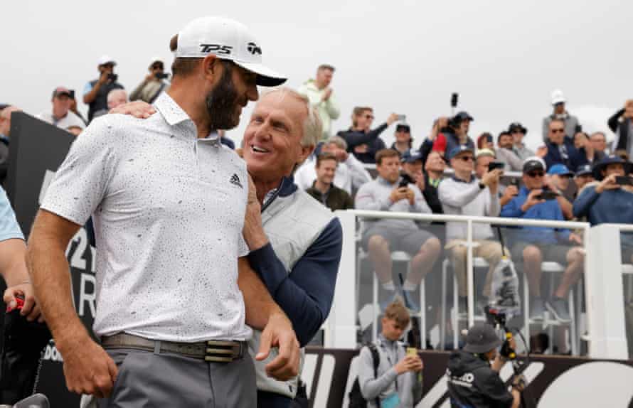 Greg Norman greets Dustin Johnson during day one of the first LIV Golf Invitational