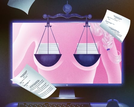A set of scales weighed down with lawsuits in front of a computer screen with an image of a bare-chested woman