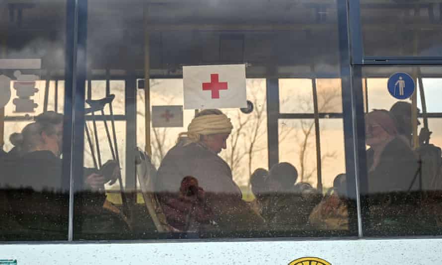 A group of Mariupol residents, including Azovstal evacuees who spent almost two months in the shelter at the steelworks, head for Zaporizhzhia, southeastern Ukraine.