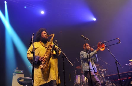 Kamasi Washington, alongside trombonist Ryan Porter, performing at London’s Roundhouse last month.