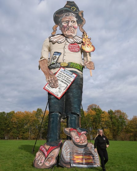 Large effigy of Keir Starmer in a field ready for a bonfire