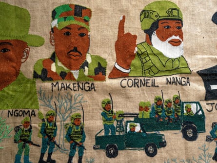 Artwork of three men in military uniform above depictions of soldiers in army trucks.