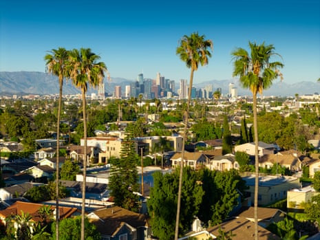 Palm trees frame Jefferson Park's homes, with downtown Los Angeles and mountains beyond