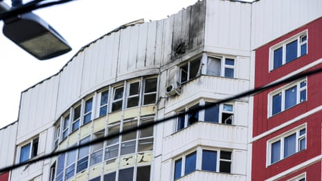 Damaged apartment block in Moscow following drone strikes – video
