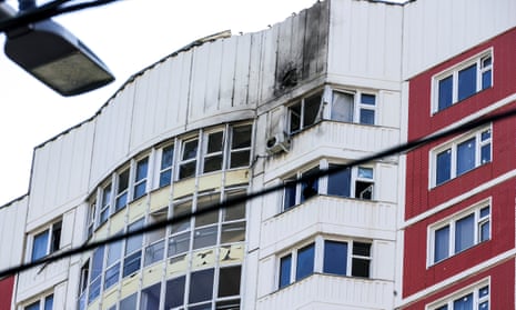 This photo shows a part of an apartment building that was reportedly damaged by a Ukrainian drone strike in Moscow