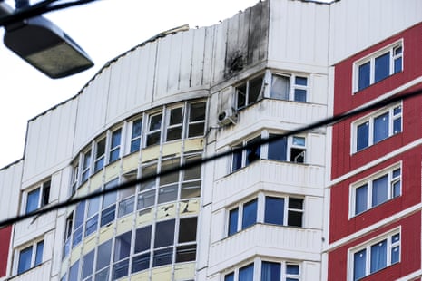 Part of an apartment building which was reportedly damaged by a Ukrainian drone in Moscow.