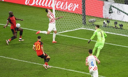 Romelu Lukaku, left, fails to convert a golden chance for Belgium in the 90th minute against Croatia.