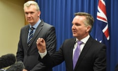 Tony Burke and Chris Bowen at a press conference on Labor's budget costings
