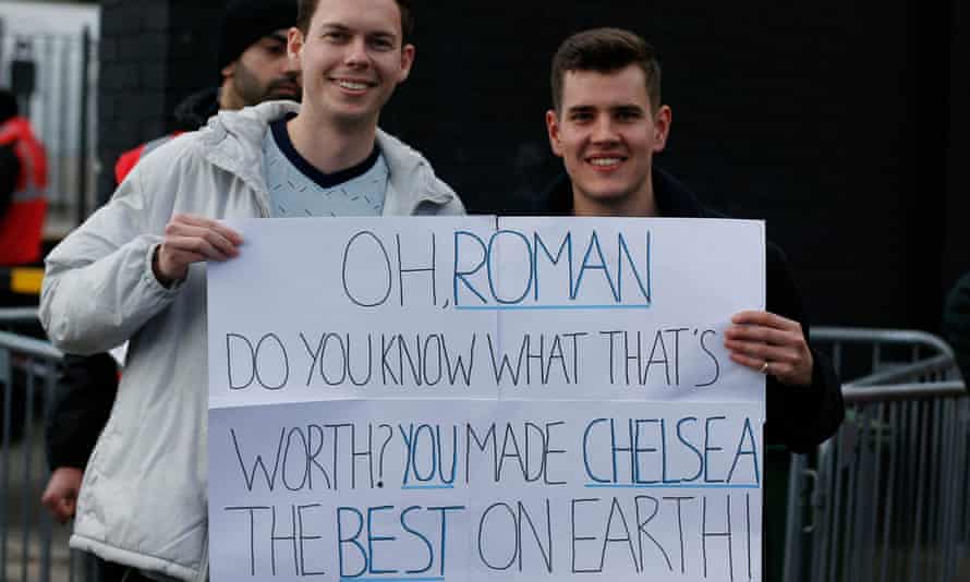 Chelsea fans with a banner in support of Roman Abramovich.