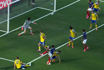 France’s forward Kylian Mbappé scores his team’s first goal against Sweden