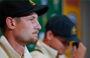 Cameron Bancroft (left) and Steve Smith, at a press conference in South Africa, at which they admitted to ball tampering.