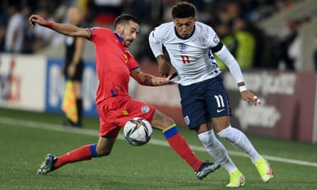 Jadon Sancho goes past a defender during England's game against Andorra