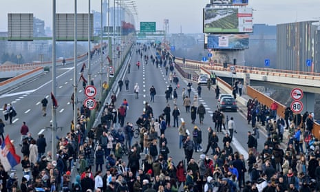 People block the main highway in Belgrade to protest against the Rio Tinto lithium mine