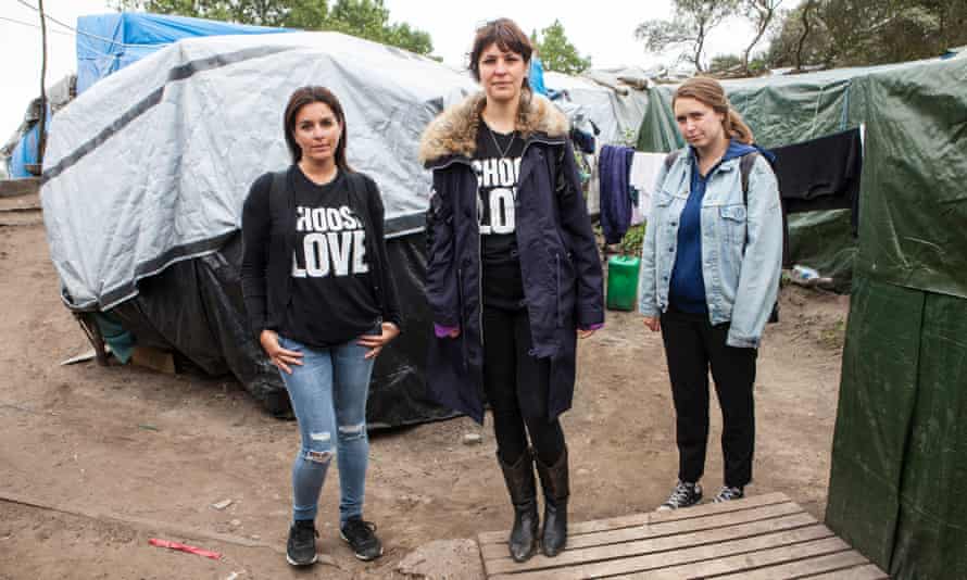 Dani Lawrence, Lliana Bird and Josie Naughton photographed in the refugee camp at Calais last week.