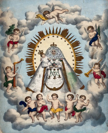 The Virgin with Child on clouds with angels – a coloured lithograph by N Thomas