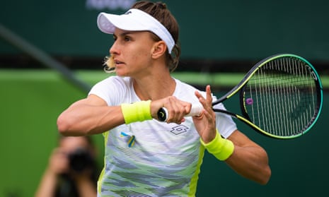 Lesia Tsurenko plays a shot against Donna Vekic during her second-round match in Indian Wells
