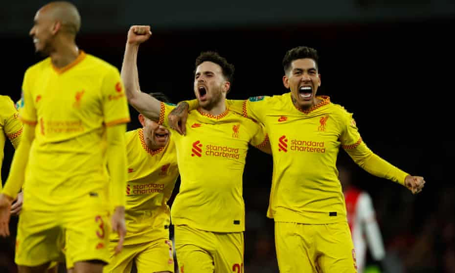 Diogo Jota and Liverpool celebrate his second goal at Arsenal.