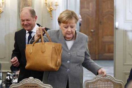 German Cabinet meets in Mesebergepa08005091 German Chancellor Angela Merkel (R) and German Finance Minister and vice Chancellor, Olaf Scholz (L), arrive for a meeting on the second of a two-day government cabinet meeting at the Meseberg palace in Gransee, Germany, 18 November 2019. The German cabinet meets from 17 to 18 November 2019 for a retreat. EPA/Michele Tantussi / POOL