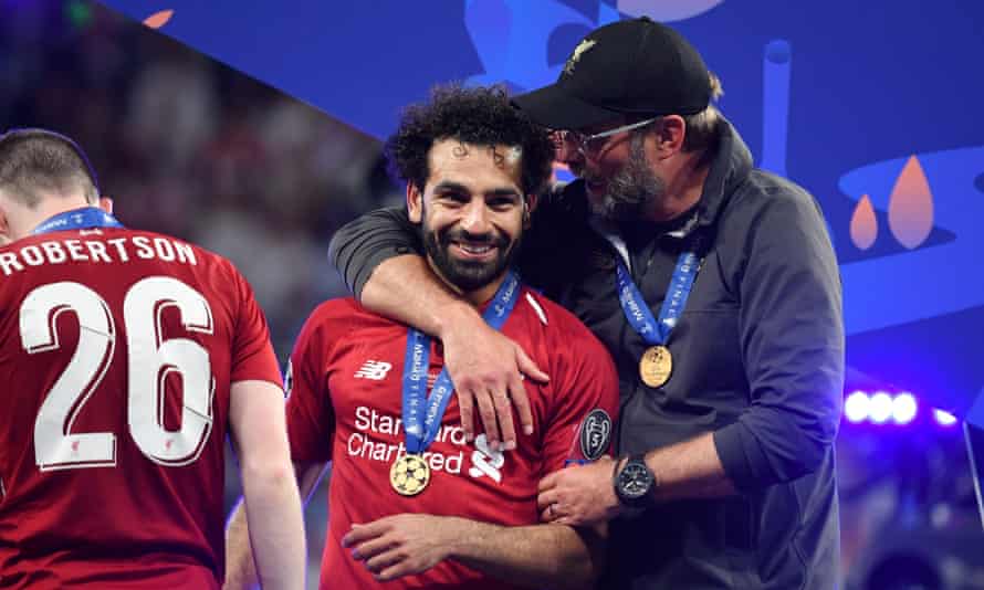 Mohamed Salah with Jürgen Klopp after Liverpool’s victory in the 2019 Champions League final.