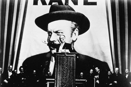 A black and white image of Orson Welles in Citizen Kane, 1941
