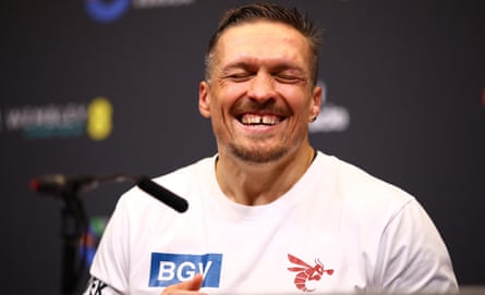 Oleksandr Usyk speaks at a press conference after his win against Daniel Dubois.
