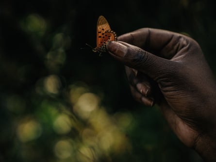 A butterfly with black-spotted orange wings held between thumb and index finger