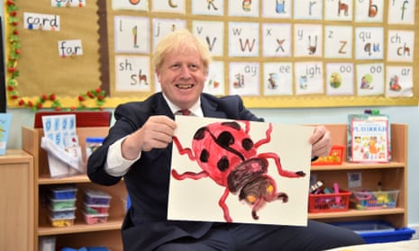 Boris Johnson with a painting of a ladybird he produced during a school visit