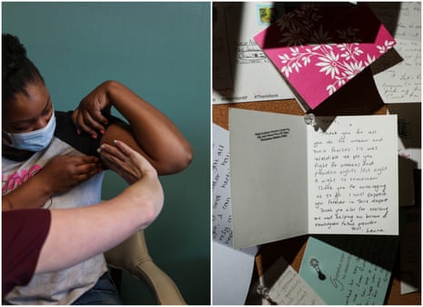 Left: The clinic remains open for non-abortion services. Right: Thank you notes and letters from patients and supporters in the clinic’s hallway.