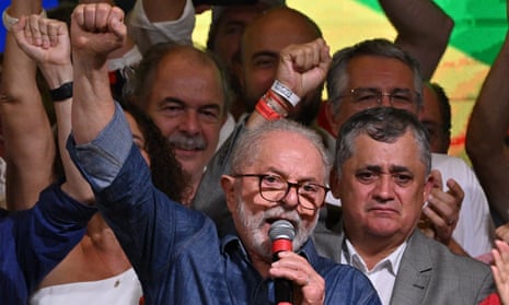 Luiz Inácio Lula da Silva celebrates after winning Sunday’s presidential run-off election in Brazil.