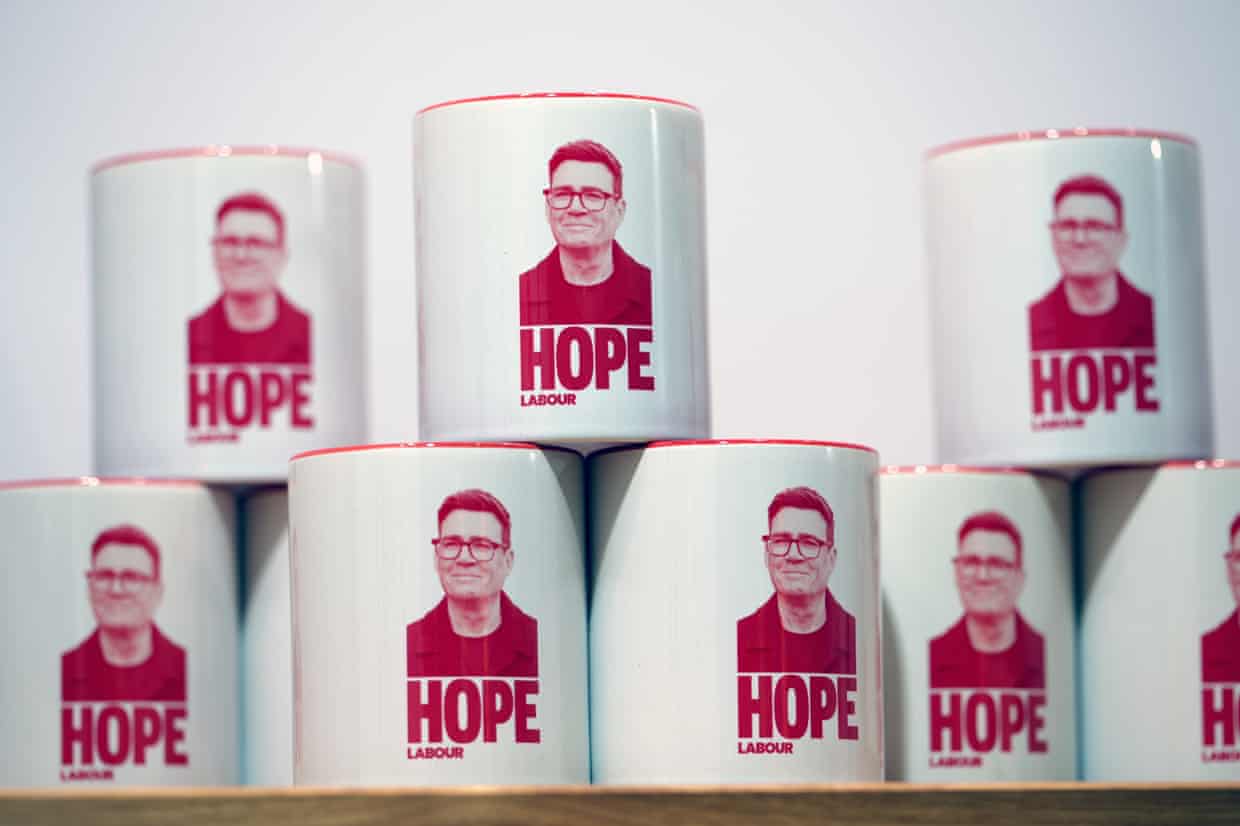 Mugs with Andy Burnham’s picture above the word ‘hope’.