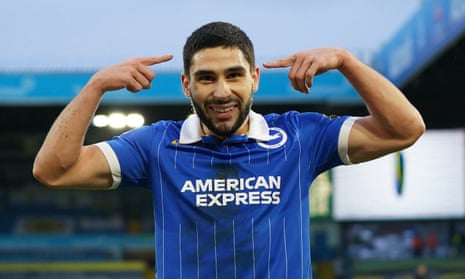 Brighton and Hove Albion’s Neal Maupay celebrates scoring his side’s first goal.
