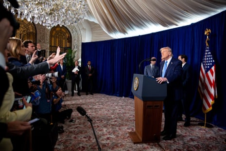 US President Donald Trump addresses the media during a news conference at the Mar-a-Lago Club in Palm Beach, Florida after the capture of Venezuelan President Nicolás Maduro.