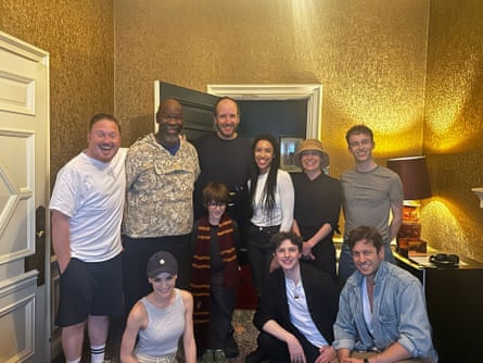 Something different … Jack Thorne and his son, Elliott, centre, backstage with some of the team from Harry Potter and the Cursed Child.