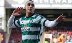 Motherwell FC v Celtic FC - Cinch Scottish Premiership<br>MOTHERWELL, SCOTLAND - FEBRUARY 25: Adan Idah of Celtic celebrates after he scores his team's second goal during the Cinch Scottish Premiership match between Motherwell FC and Celtic FC at Fir Park on February 25, 2024 in Motherwell, Scotland. (Photo by Ian MacNicol/Getty Images)