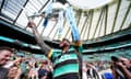Courtney Lawes lifts the Premiership trophy on his final game for Northampton