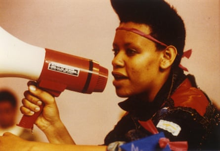 Beverley Ditsie addressing the crowd in Johannesburg before the first Pride march in South Africa in 1990