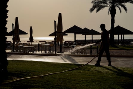 A gardener (not interviewed for the story) at a luxury hotel near Doha, Qatar.