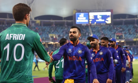 Shaheen Afridi of Pakistan and Virat Kohli of India shake hands after the T20 World Cup match between India and Pakistan in Dubai on Sunday