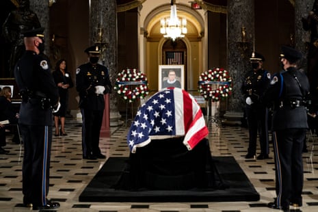 The flag-draped casket of the late Associate Justice Ruth Bader Ginsburg in Statuary Hall of the US Capitol on 25 September 2020.