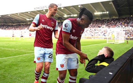 30 March 2024 Mohammed Kudus of West Ham United asks a Newcastle ballboy if he can sit on his stool to celebrate scoring his team’s second goal, but the ballboy declines. Newcastle won the match at St James Park 4-3.