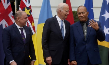 The US president, Joe Biden, speaks with the Kiribati president, Taneti Maamau, and the Cook Islands prime minister, Mark Brown, at a Pacific leaders’ summit hosted by Washington in September